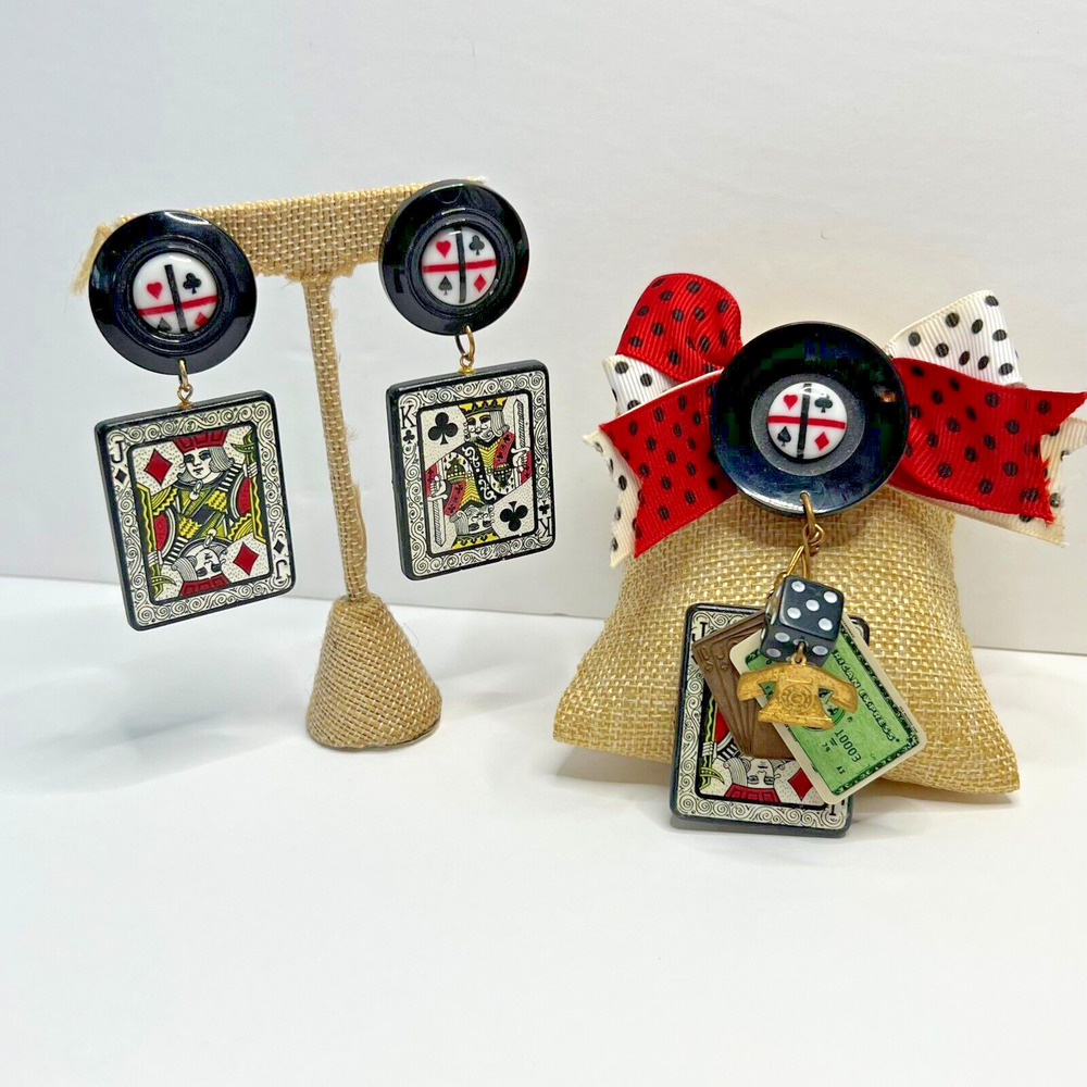VINTAGE Signed Katrina Playing Cards Brooch & Earrings Set Dice Gambling 1980's